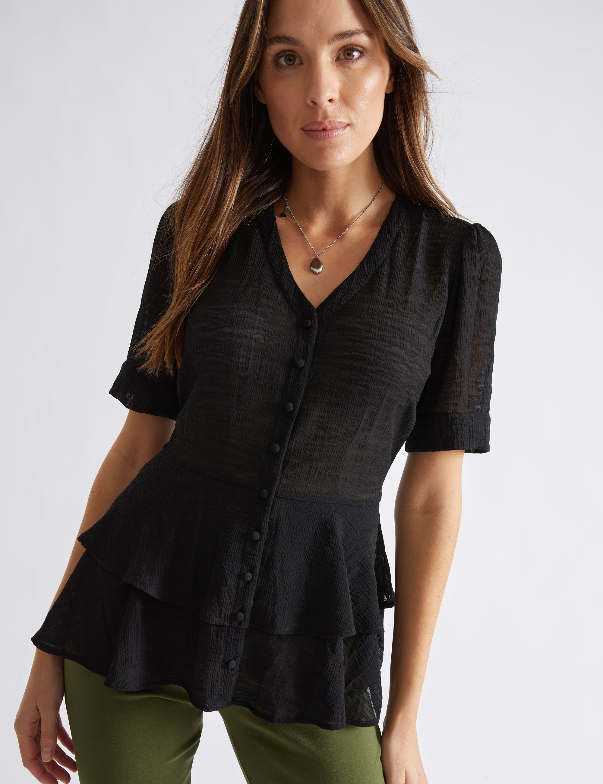 Katies Short Sleeve Button Detail Double Ruffle Top | Katies