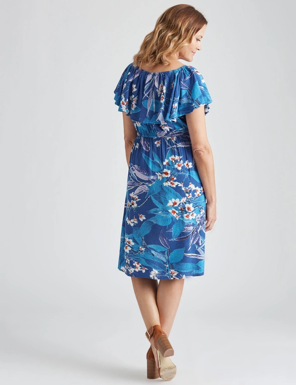 Millers Extended Sleeve Frill Overlay Blue Floral Midi Dress | W Lane