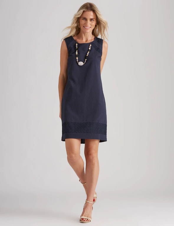 Millers Sleeveless Cotton Slub Knee Length Dress with Broidery Trim, hi-res image number null