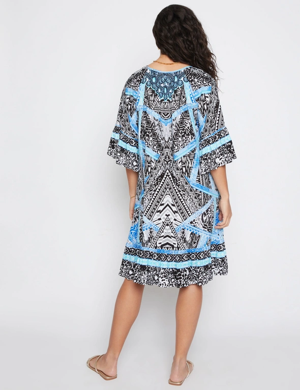 Millers Border Print Knee Length Rayon Dress with Flare Sleeve & Heatseal, hi-res image number null