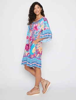 Millers Border Print Knee Length Rayon Dress with Flare Sleeve & Heatseal