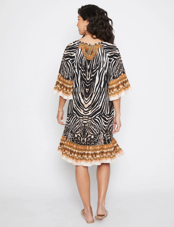 Millers Border Print Knee Length Rayon Dress with Flare Sleeve & Heatseal, hi-res image number null