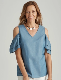 Millers Short Sleeve Cold Shoulder Chambray Frill Blouse