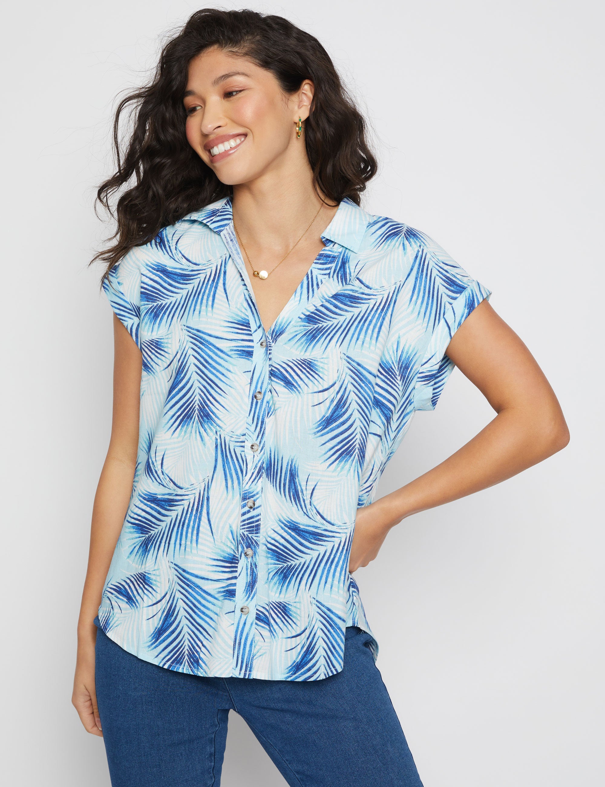 Extended Sleeve Linen Blend Print Shirt | Millers