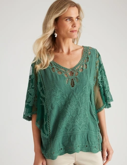 Millers Extended Sleeve Embroidered Woven Top with Neck Trim