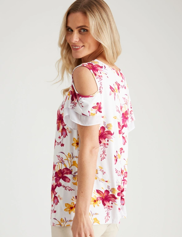 Millers Short Sleeve Printed Cold Shoulder Top with Frill Sleeve, hi-res image number null