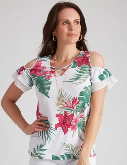 Millers Printed Cold Shoulder Top with Neck Trim