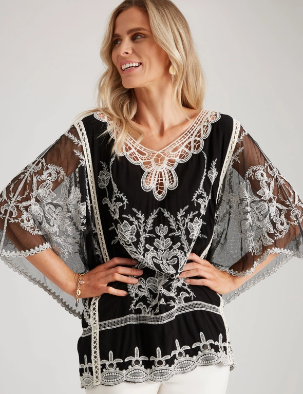 Millers Extended Sleeve Embroidered Woven Top with Neck Trim, hi-res image number null