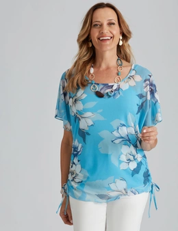 Millers Extended Sleeve Printed Mesh Scoop Neck with Gathered Sides