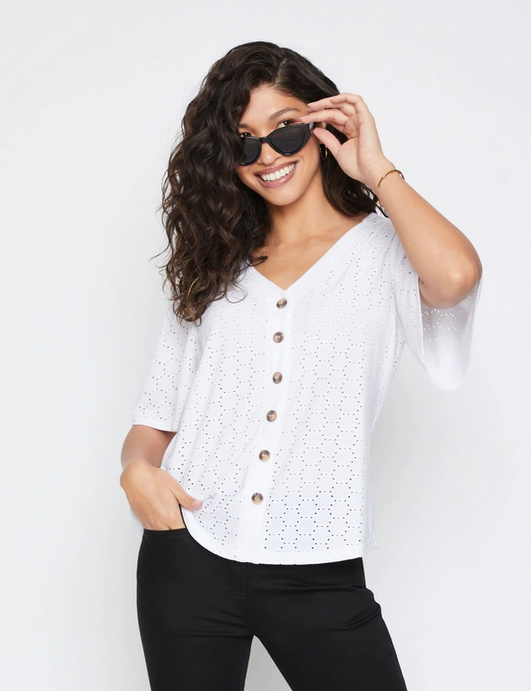 Millers Elbow Sleeve Knit Broidery Top With Frill Sleeve, hi-res image number null