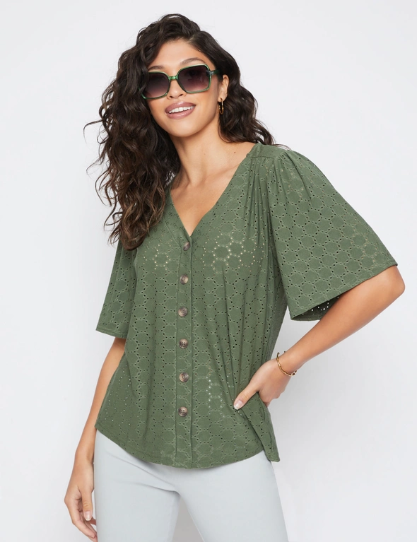 Millers Elbow Sleeve Knit Broidery Top With Frill Sleeve, hi-res image number null