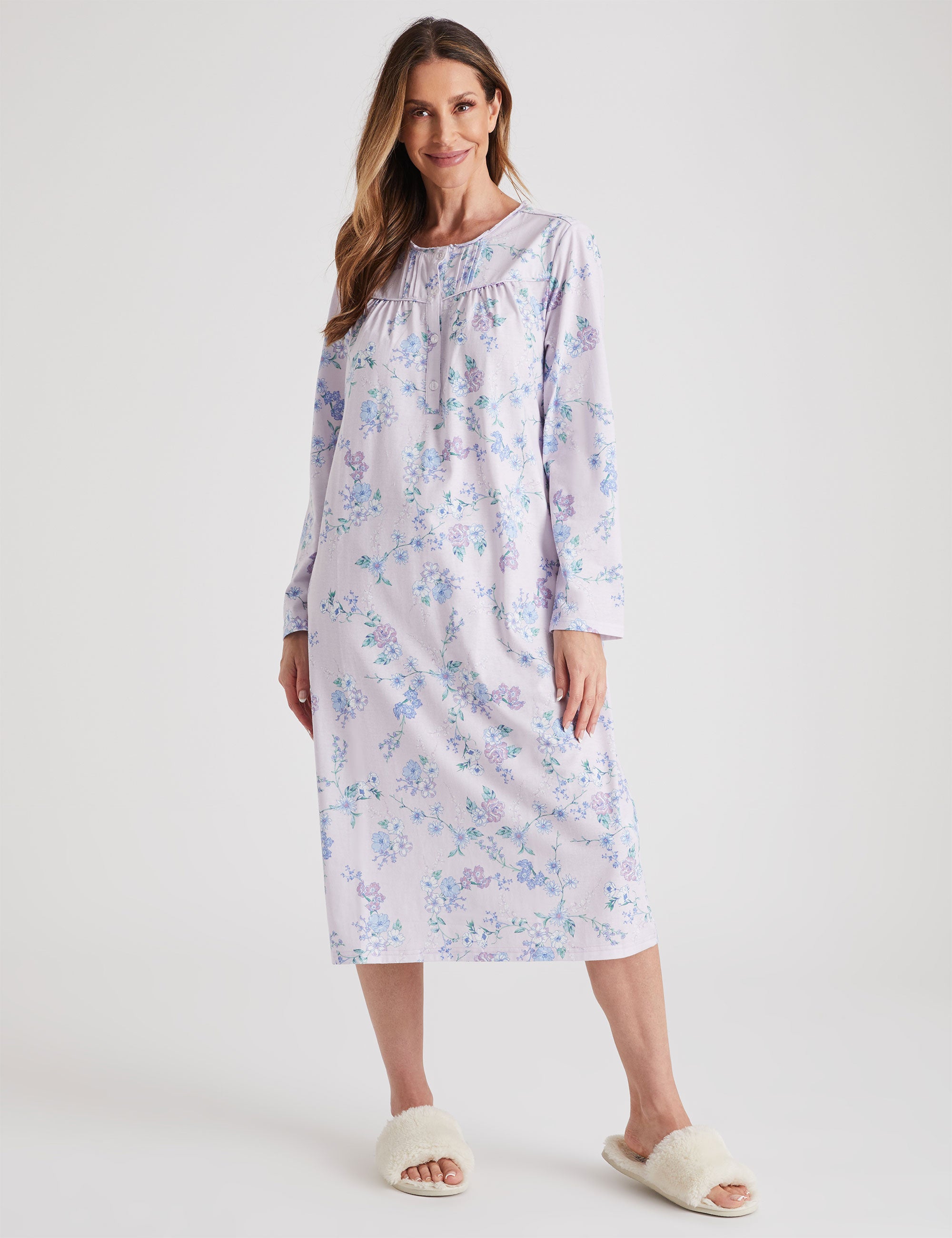 Millers Long Sleeve Ruffle Neck Button Placket Printed Nightie | Millers