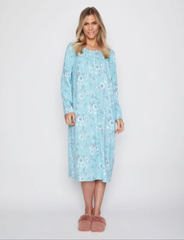 Millers Long Sleeve Picot and Lace Trim Crew Button Neck Printed Nightie