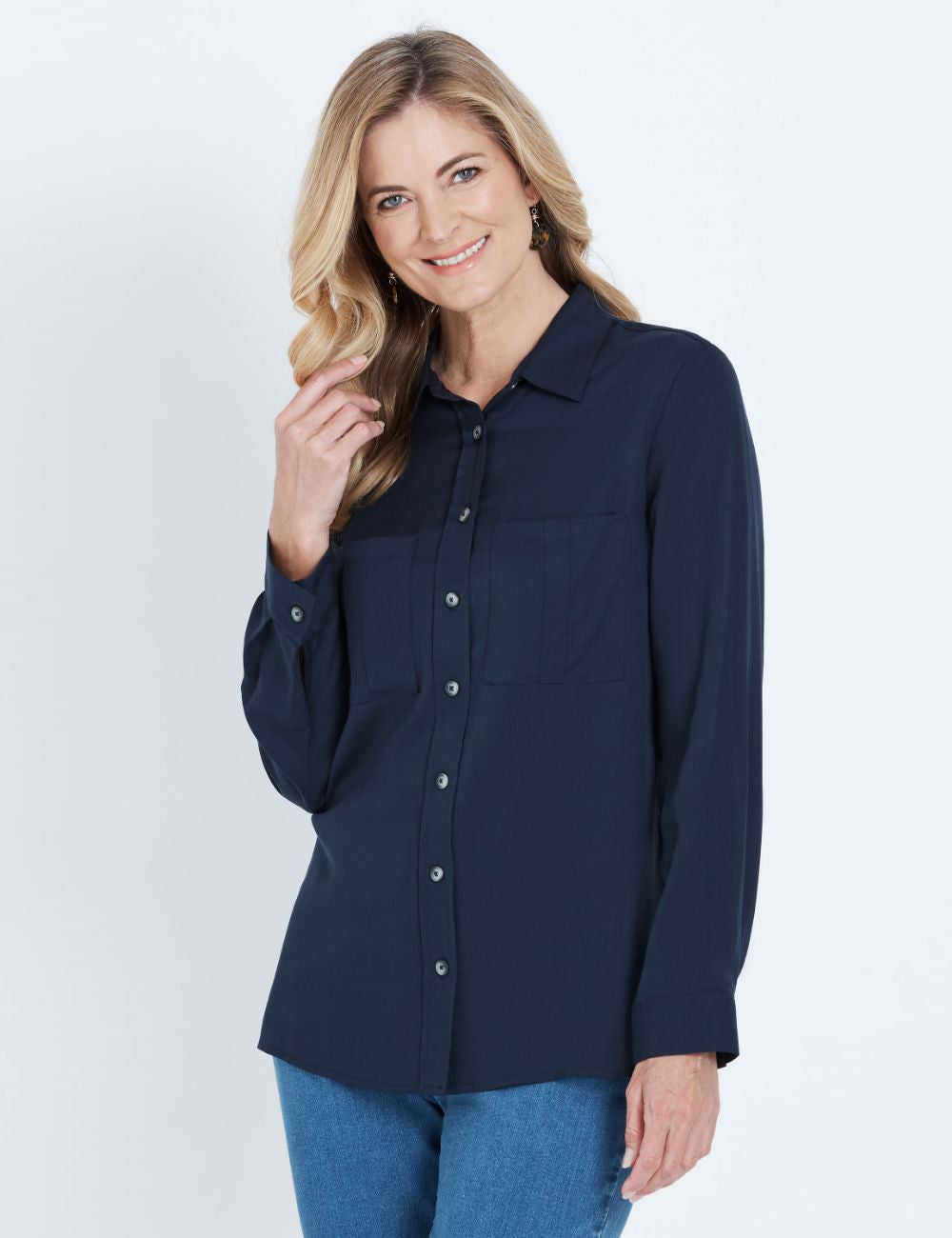 NONI B LONG SLEEVE BUTTON THROUGH LYOCELL SHIRT | Liz Jordan