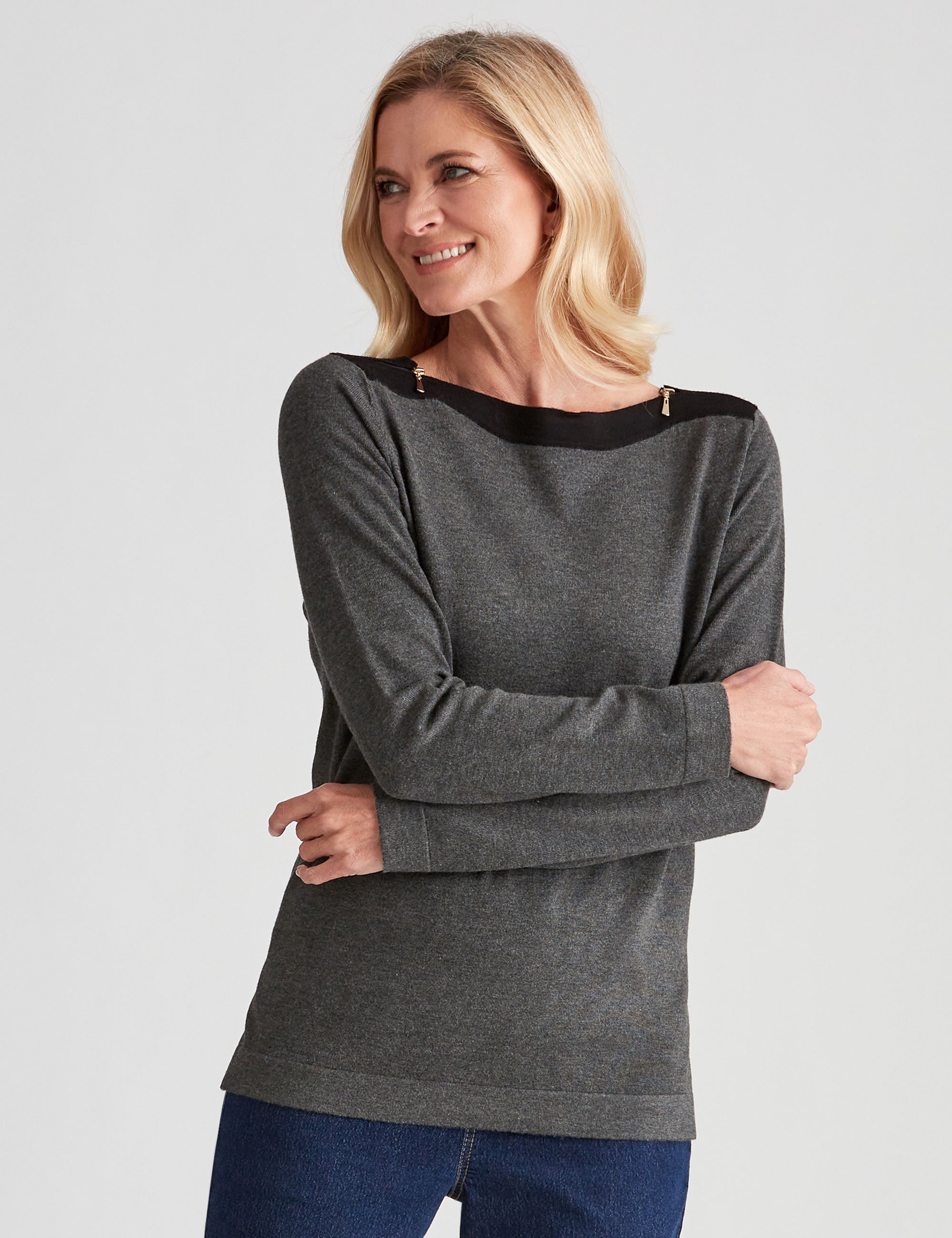 NONI B LONG SLEEVE BOAT NECK ZIP JUMPER | Noni B