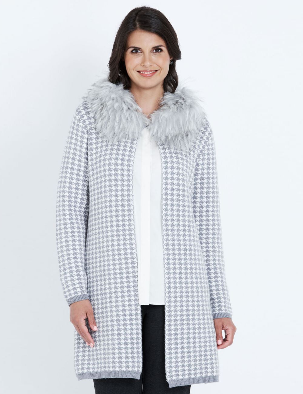 LIZ JORDAN DETACHABLE FUR NECK HOUNDSTOOTH CARDI | EziBuy Australia