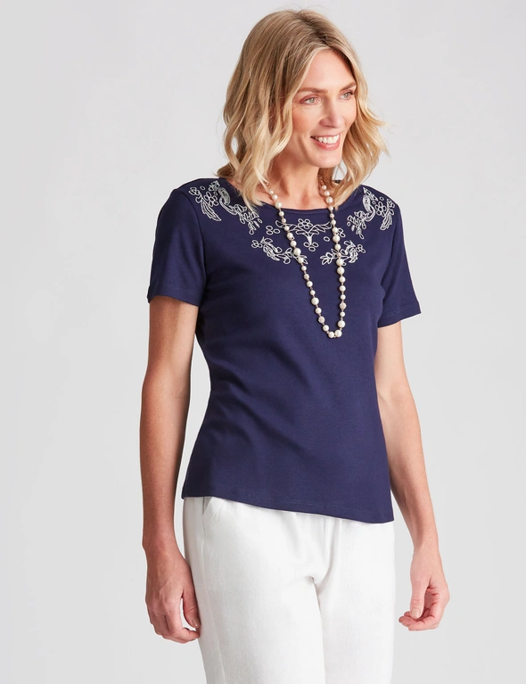 NONI B ROUND NECK EMBROIDERED RIB TOP, hi-res image number null