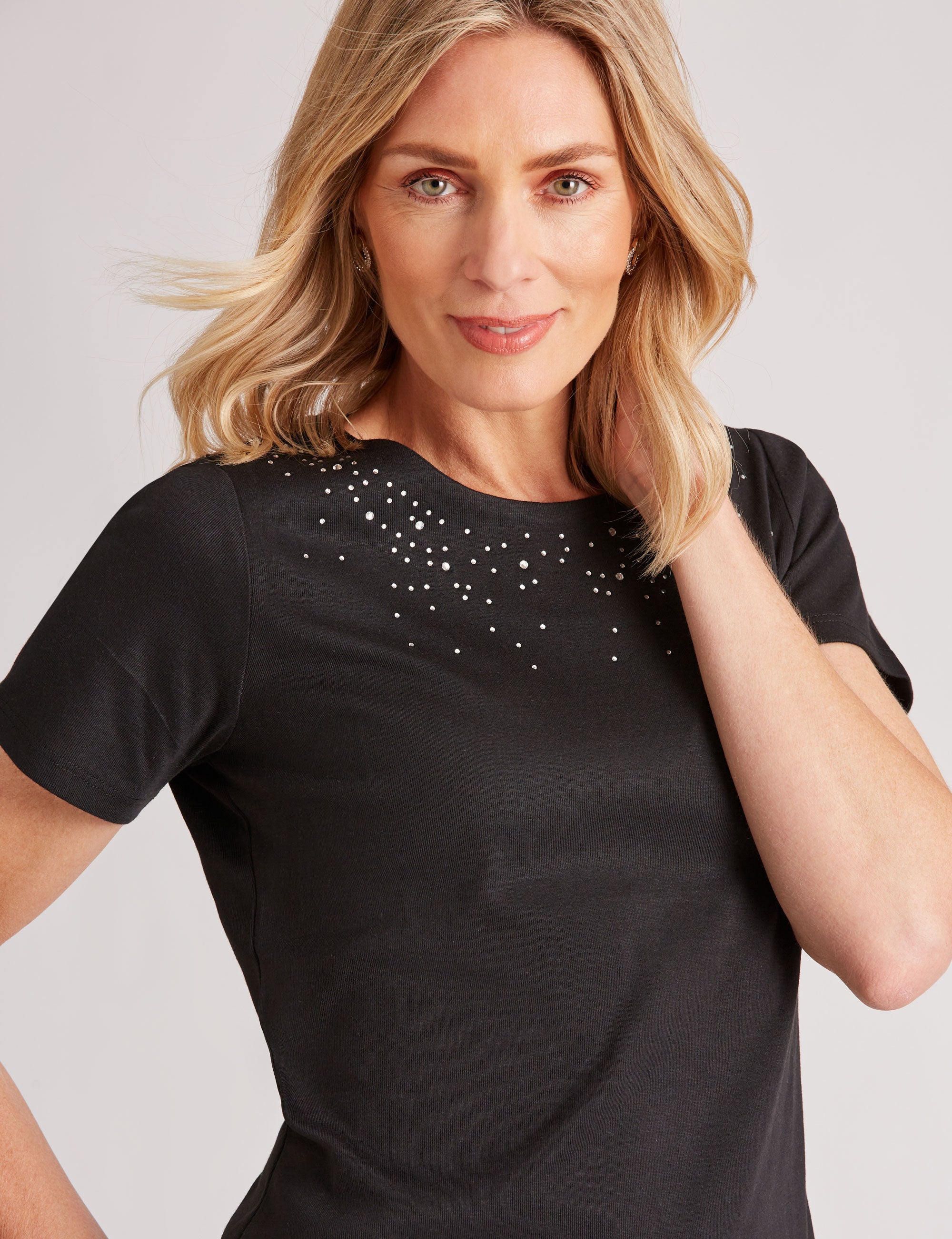 Noni B Round Neck Hot Fix Rib Top | Noni B