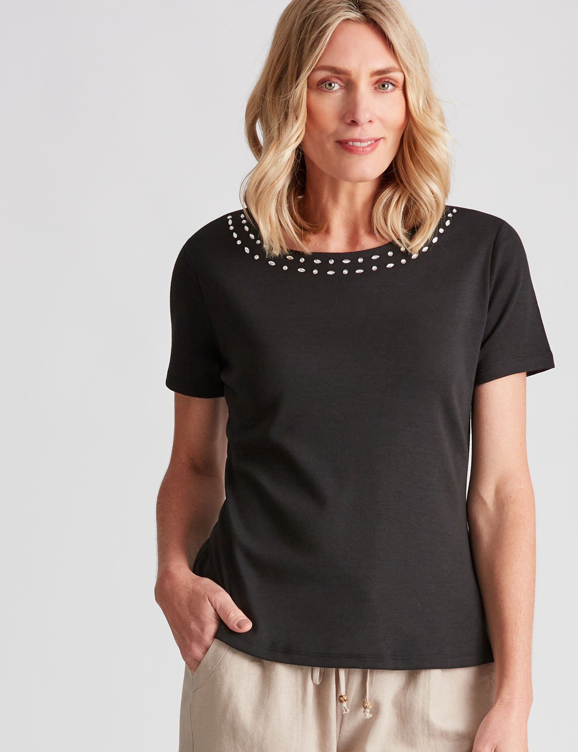 Noni B Round Neck Jewelled Rib Top