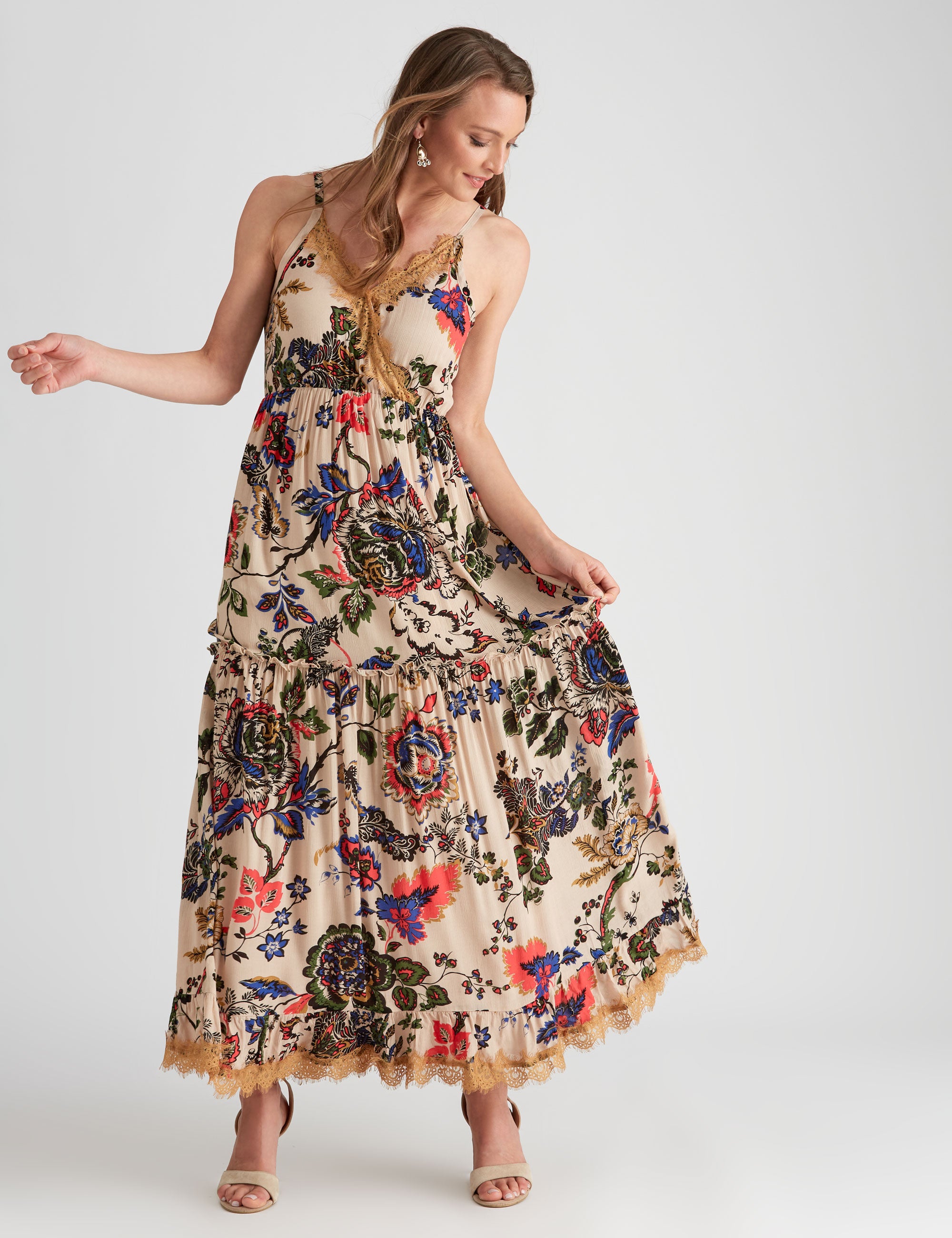 Liz Jordan TIERED LACE TRIM MAXI DRESS | W Lane