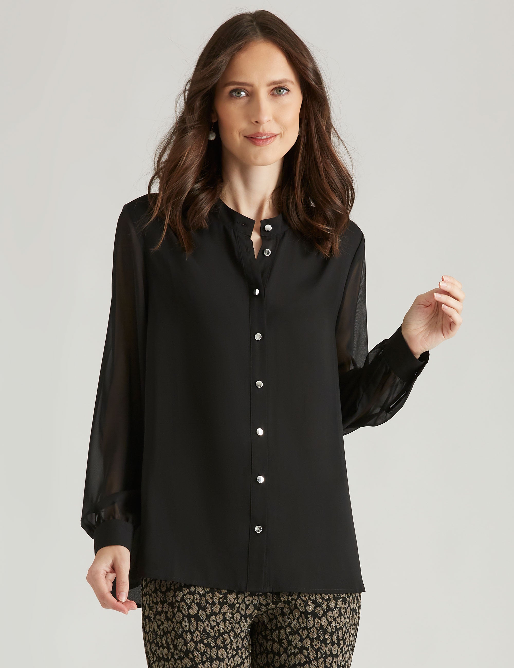 Noni B Collarless Sheer Sleeve Shirt | Noni B