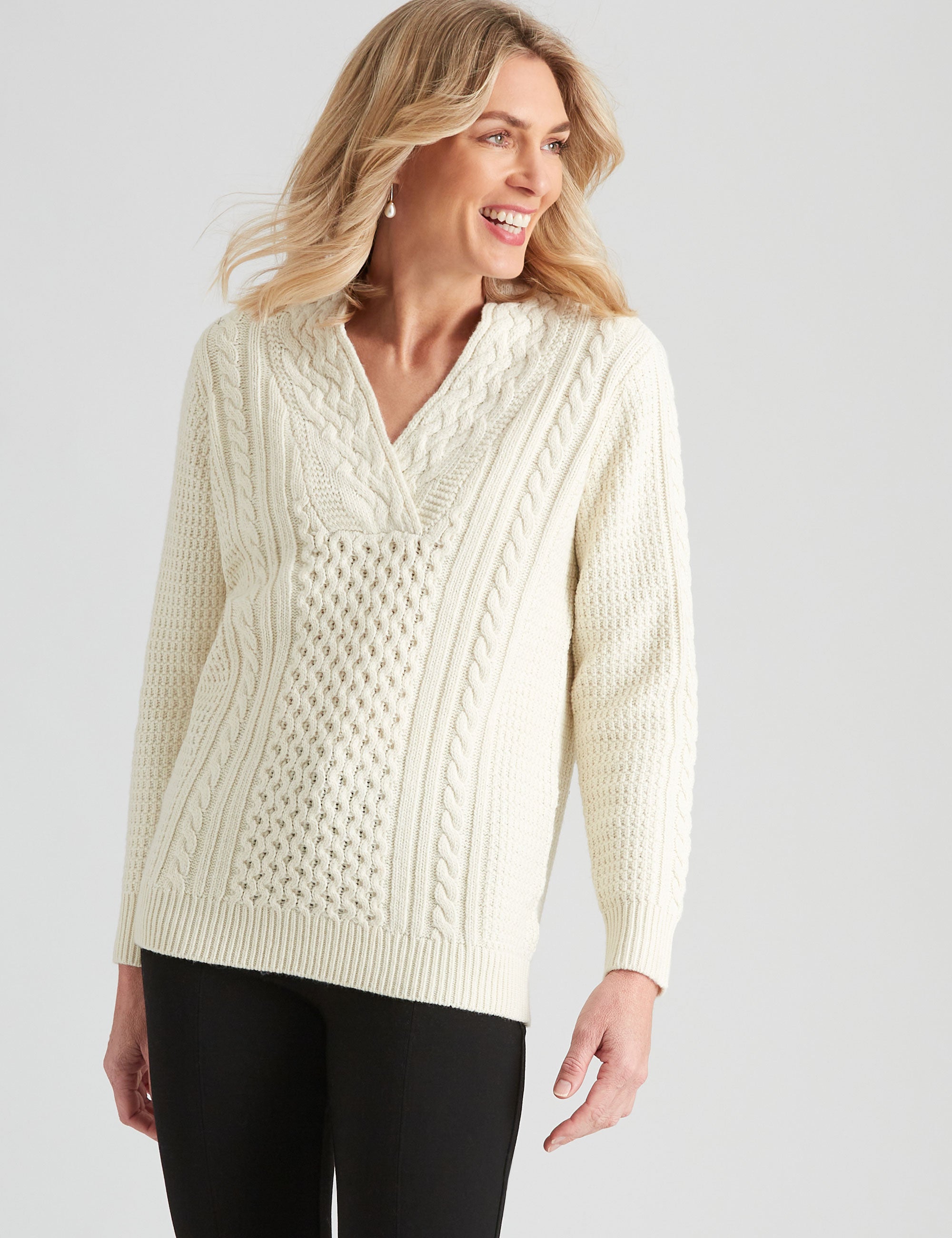 NONI B V-NECK CABLE JUMPER | Liz Jordan