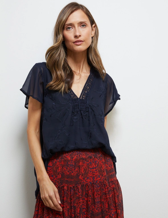 LACE V-NECK EMBROIDERED TOP, hi-res image number null