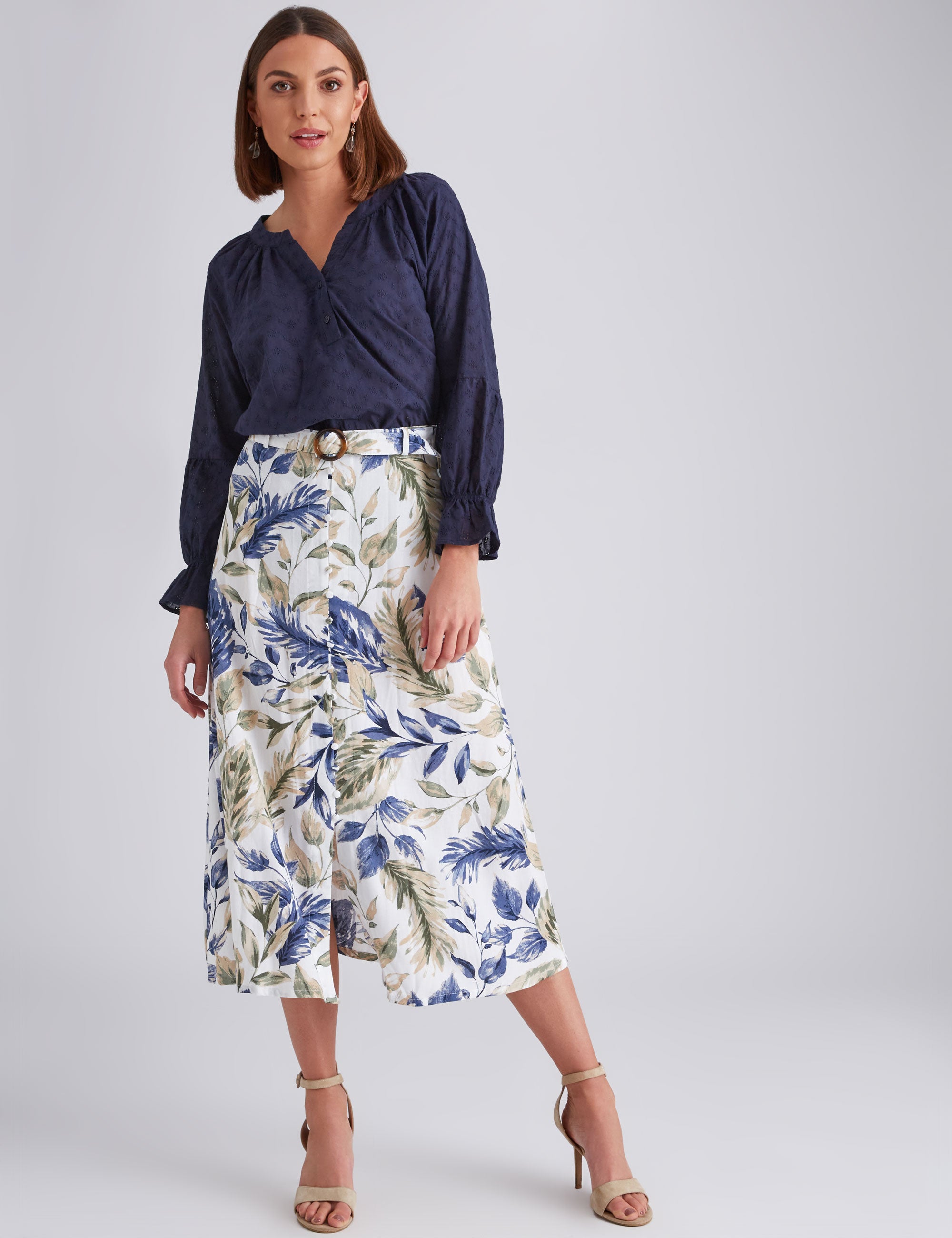 Noni B Button Front Linen Print Skirt | Liz Jordan