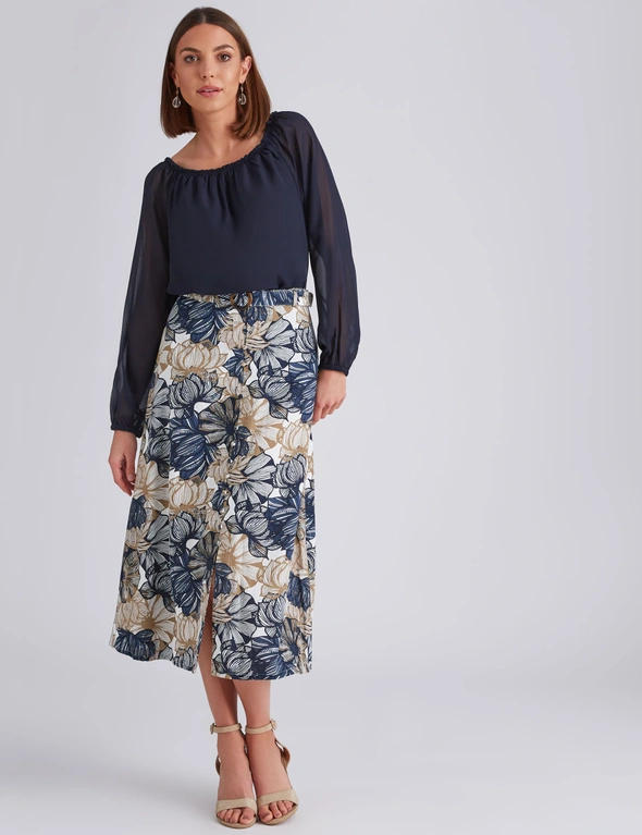 Noni B Button Front Linen Print Skirt, hi-res image number null