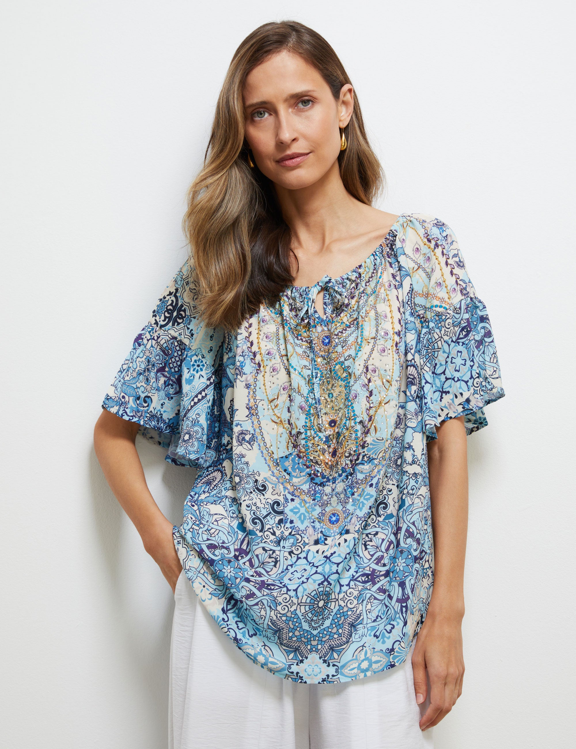 Noni B Frill Sleeve Hotfix Kaftan Top | Liz Jordan