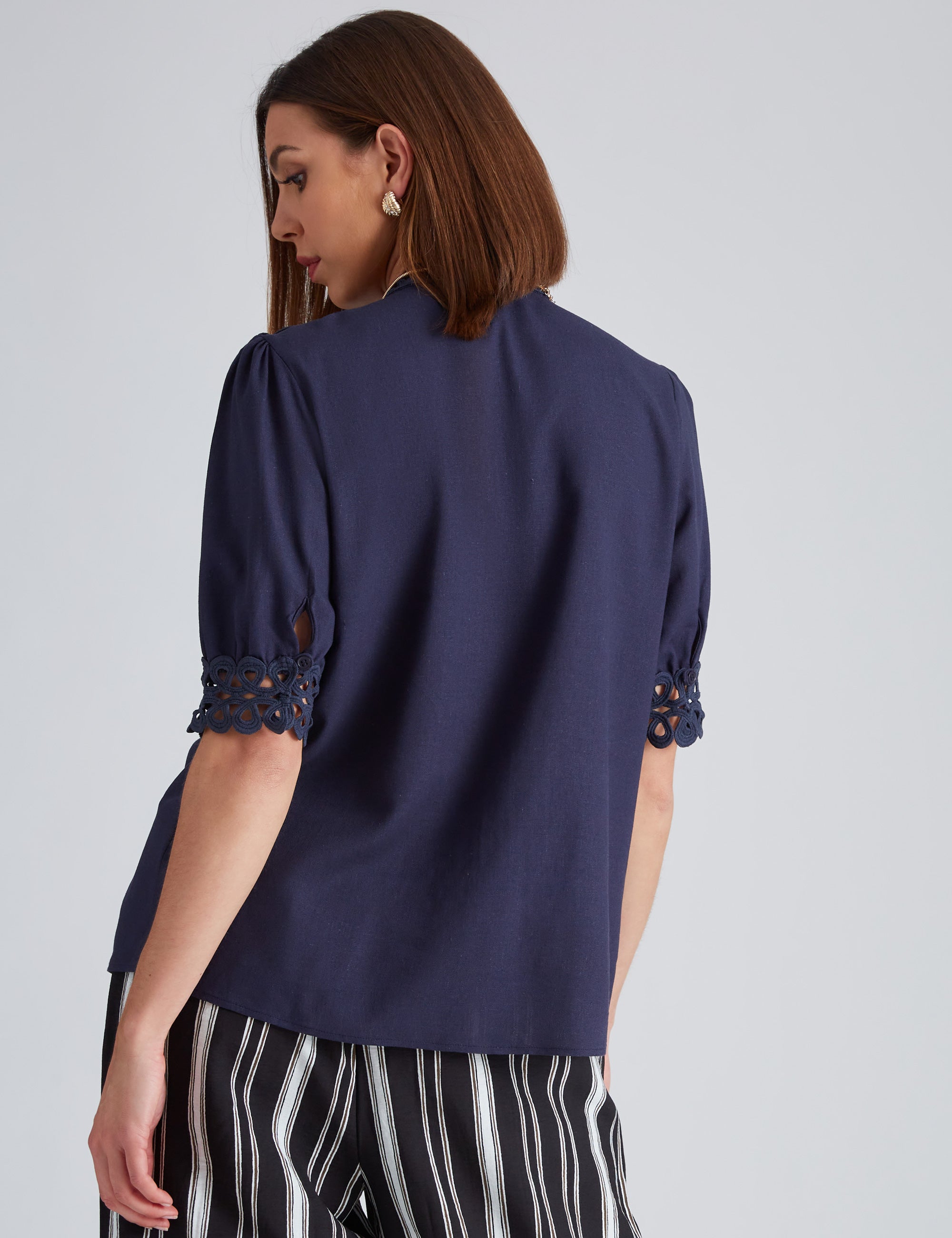 Noni B Lace Trim Linen Blouse | Liz Jordan