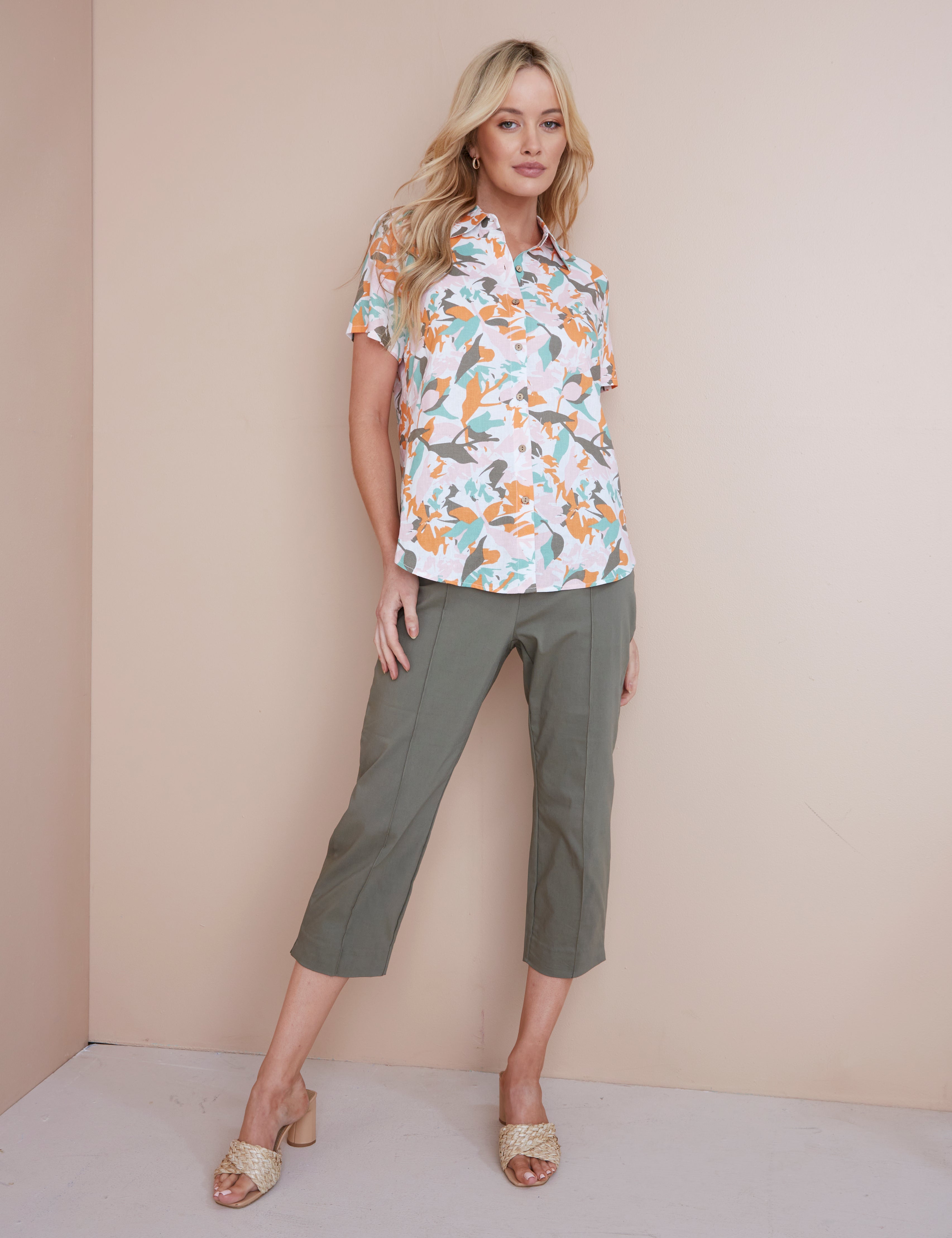 Noni B Short Sleeve Print Linen Blouse | Noni B