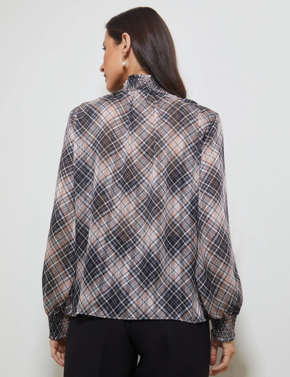 SHIRRED NECK CHECK PRINT TOP, hi-res image number null