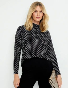 RUSCHED NECK PRINTED KNIT TOP