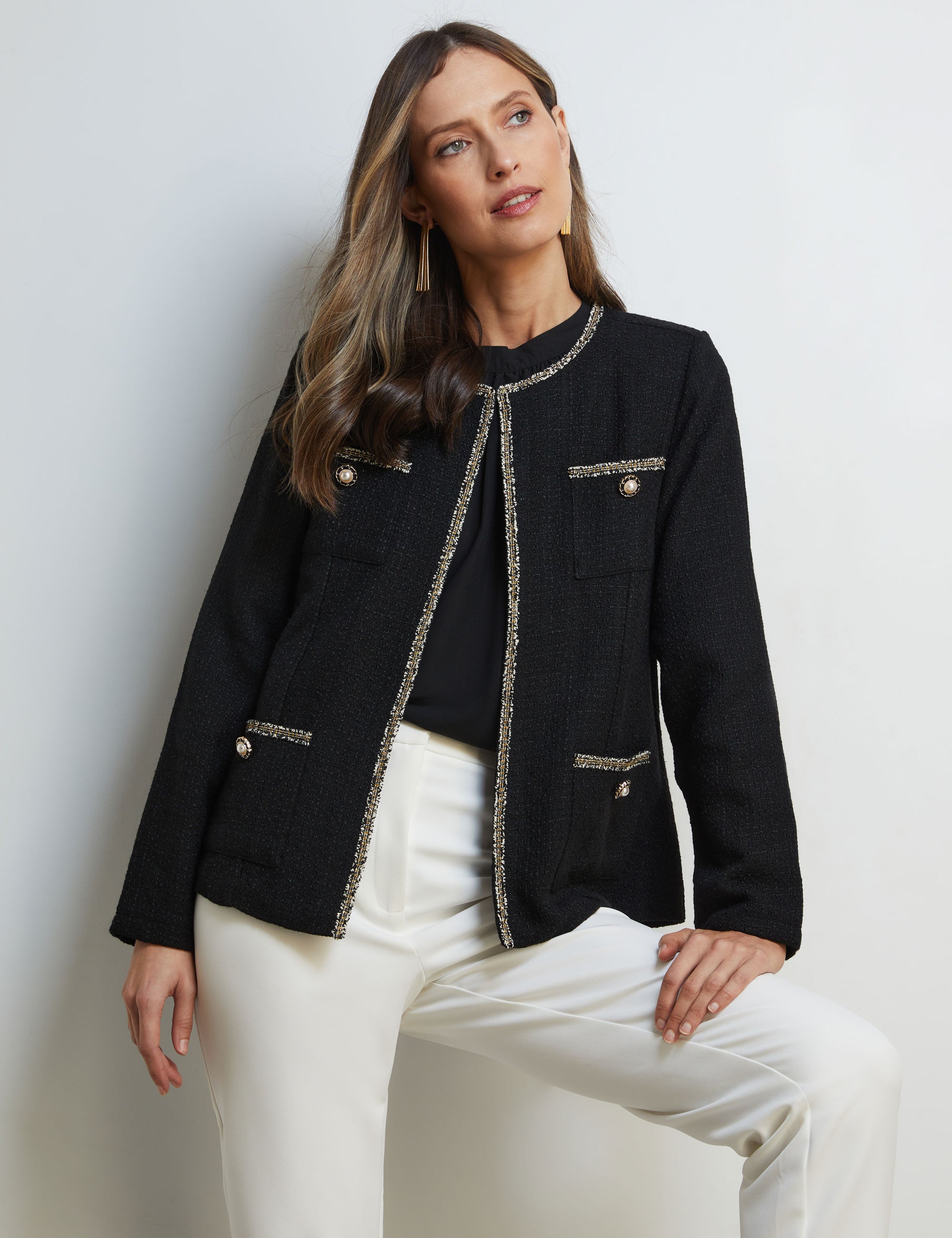 Black boucle 2025 fringe trim jacket