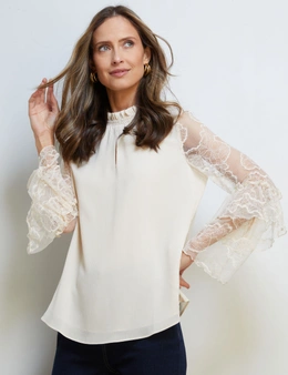 LACE SLEEVE FRILL NECK BLOUSE