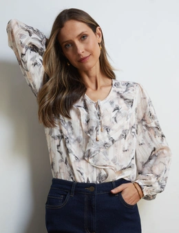 PRINTED RUFFLE FRONT BLOUSE
