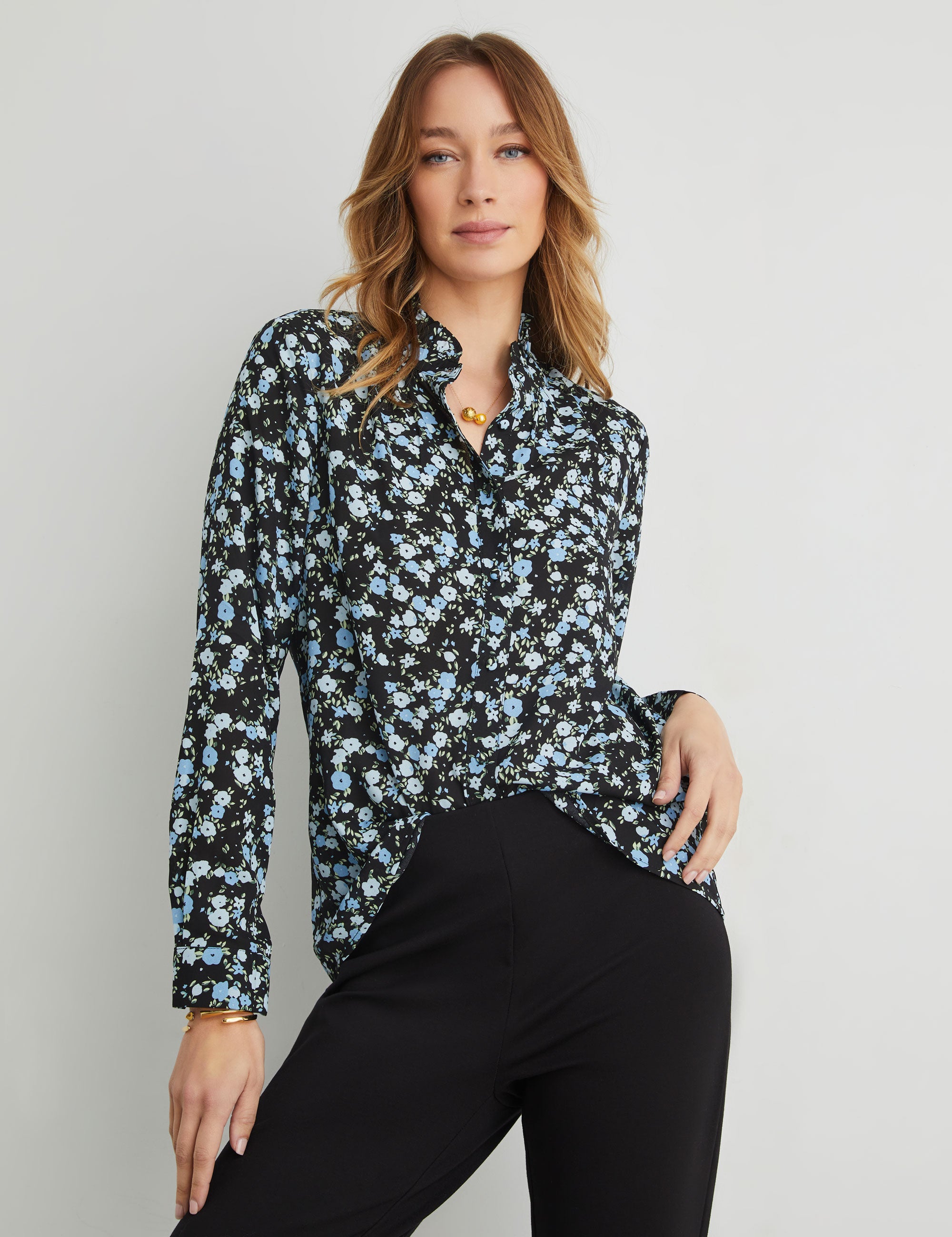 FRILL NECK PRINTED SHIRT | Noni B