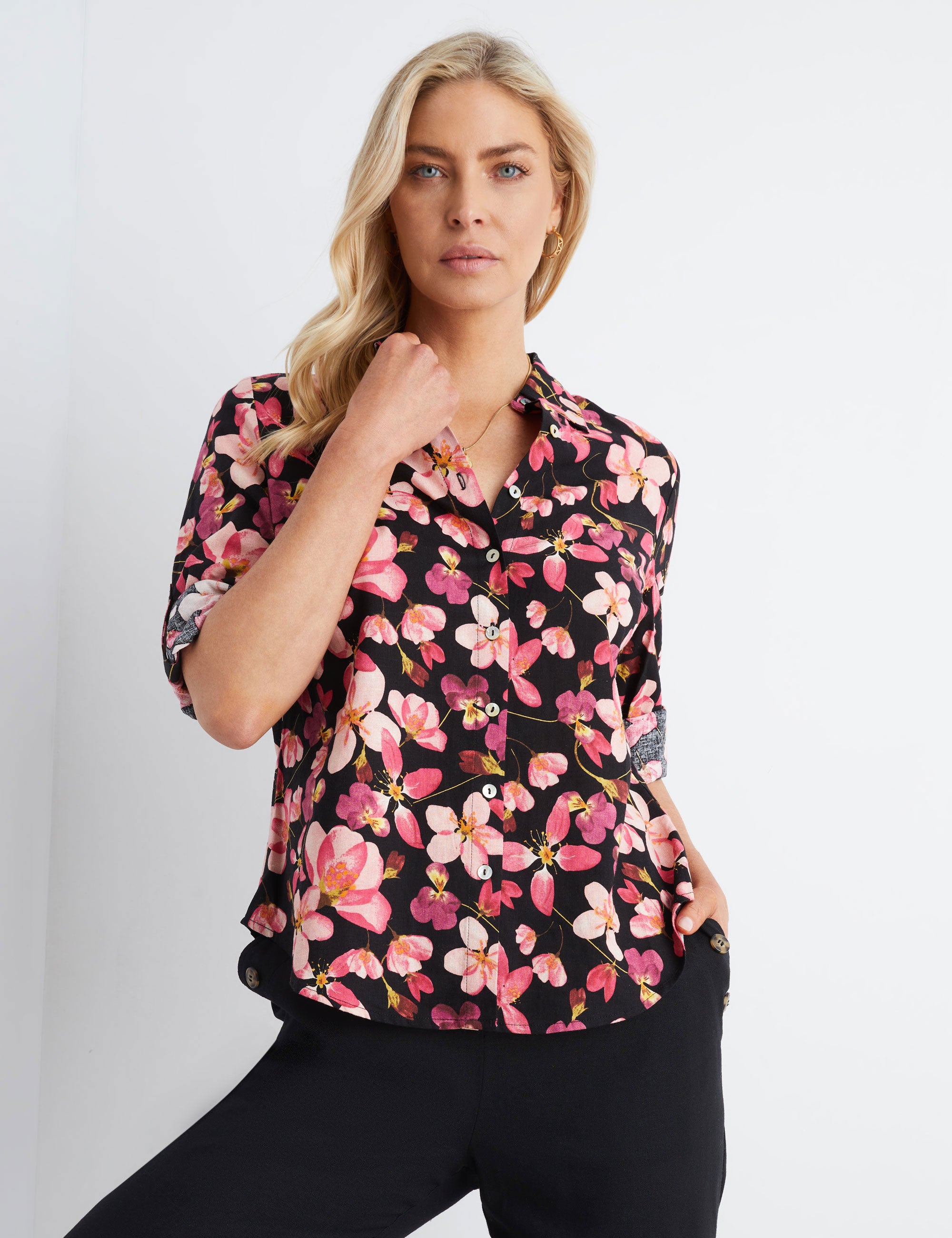 3/4 SLEEVE PRINT LINEN SHIRT | Liz Jordan