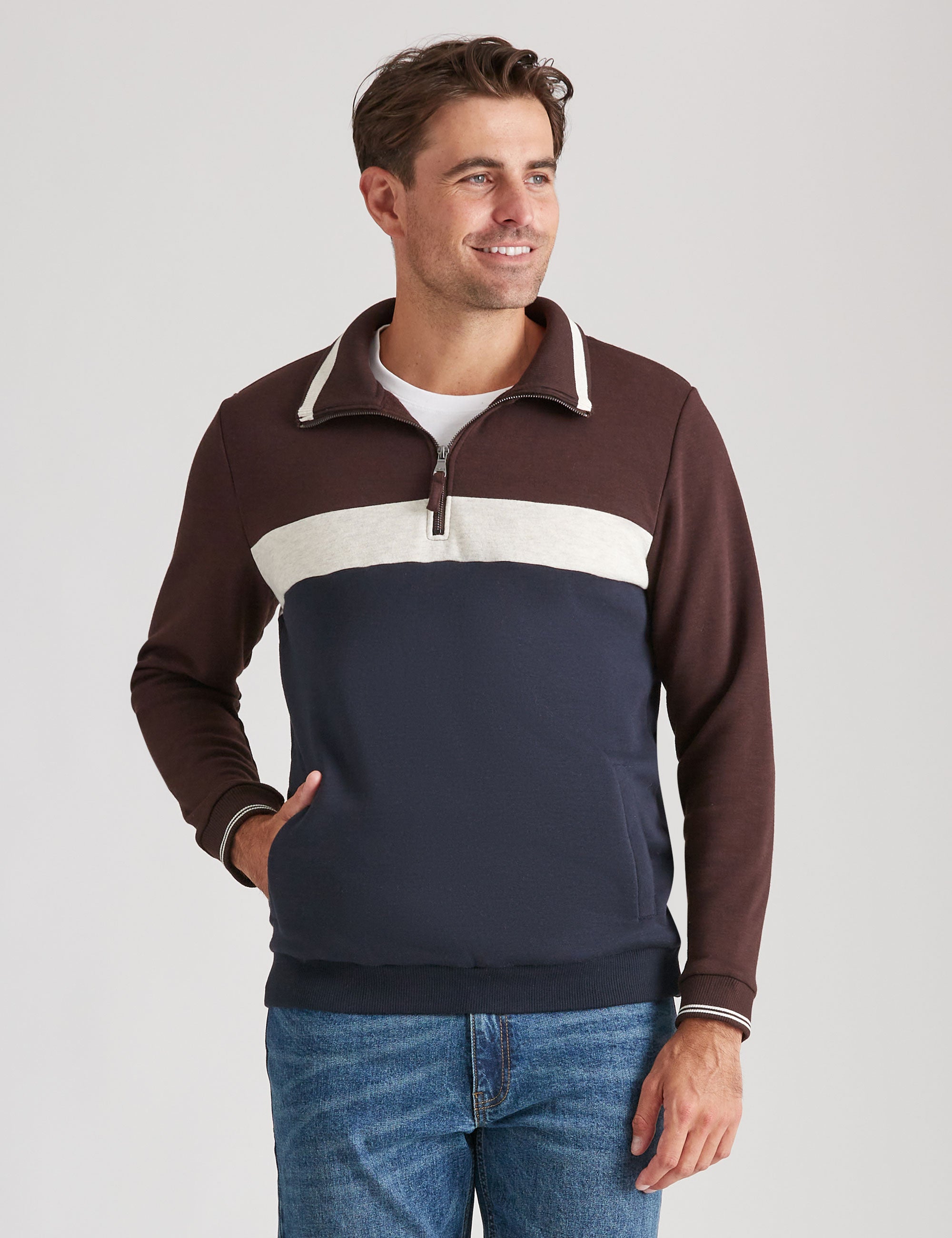 Rivers 1/4 Zip Panelled Pullover Jumper | Rivers Australia