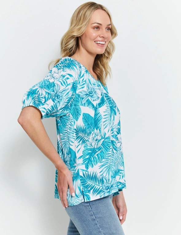 Rivers Short Sleeve Linen Look Gather Neck Top, hi-res image number null
