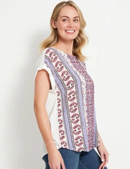 Rivers Print Front Mixed Fabric Top 