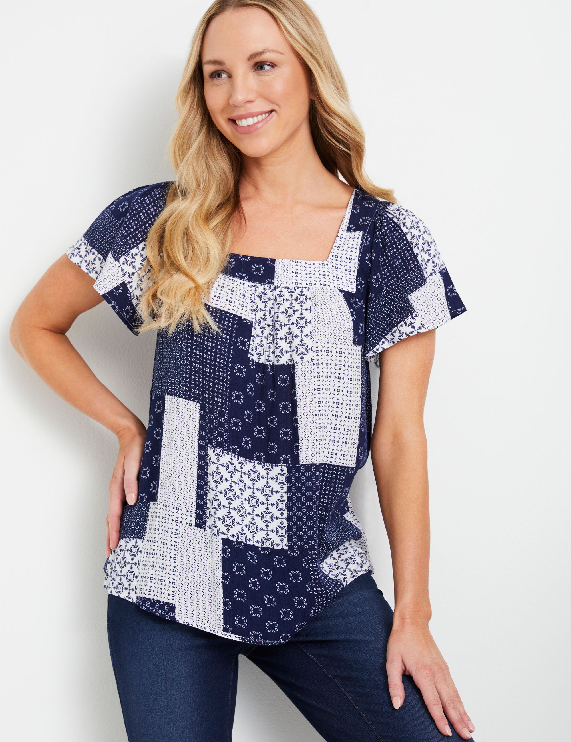 Rivers Square Neck Printed Crinkle Short Sleeve Top Rivers Australia