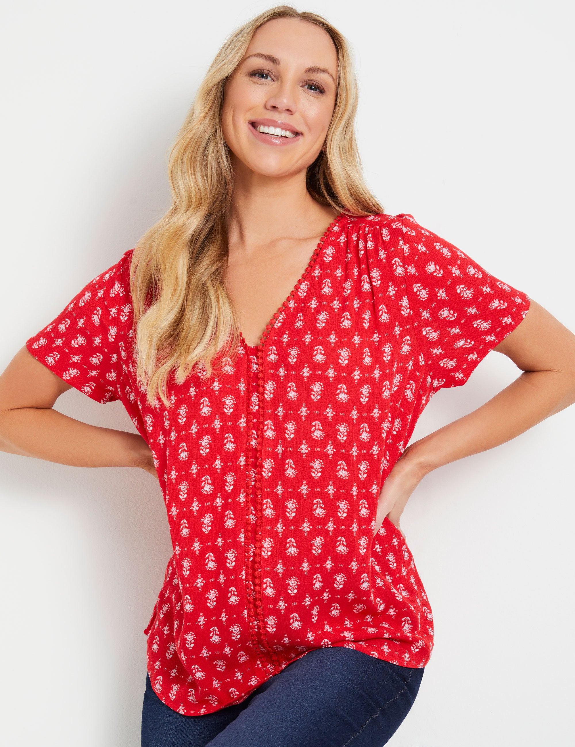 Rivers Crochet Trim Printed Crinkle Short Sleeve Top | Rivers Australia