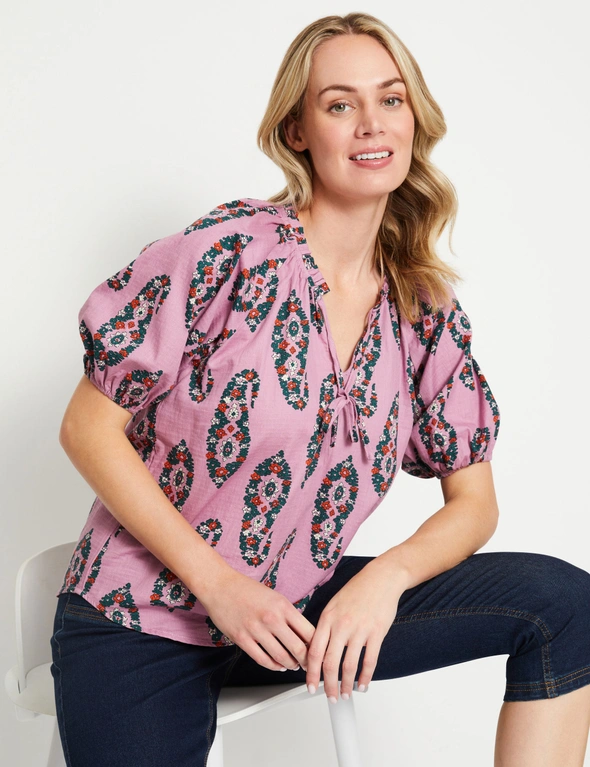 Rivers Short Sleeve Cotton Printed Boho Top, hi-res image number null