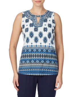 Rockmans Sleeveless Silver Embroidered Print Top