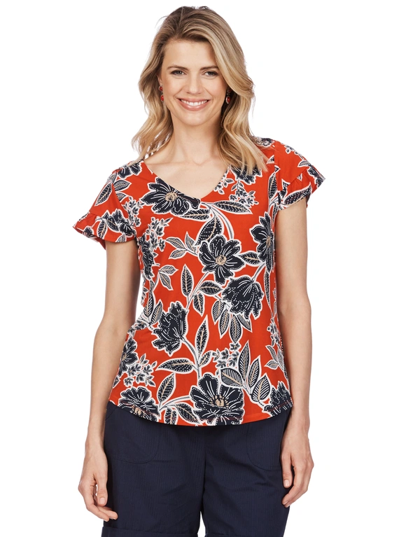 Rockmans Cap Frill Sleeve Red Floral Print Top | Crossroads