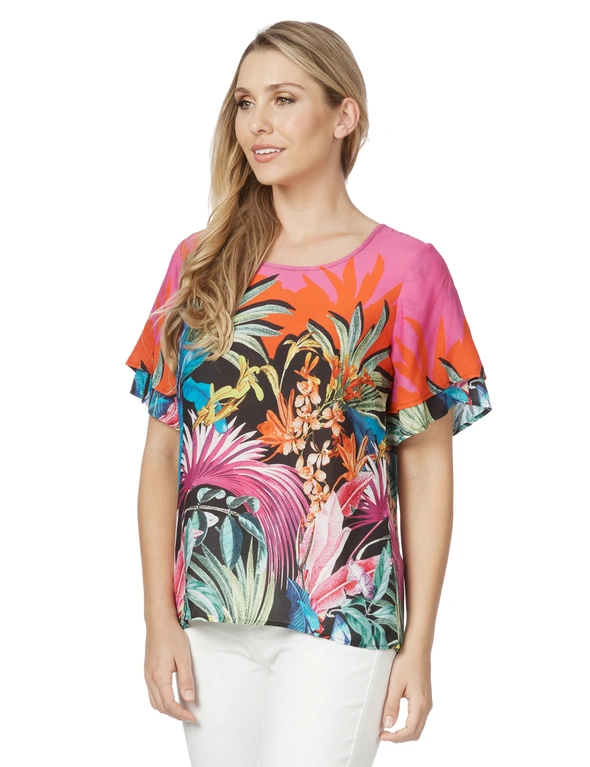 Rockmans Short Layered Sleeve Tropical Top , hi-res image number null