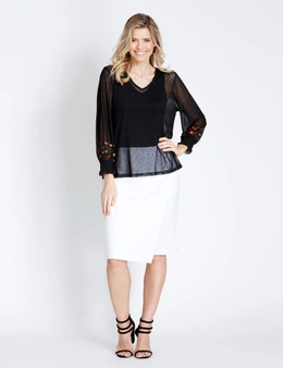 Table Eight Flock Spot Mesh Embroidered Top