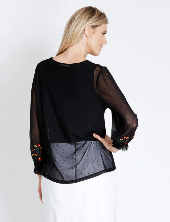 Table Eight Flock Spot Mesh Embroidered Top, hi-res image number null